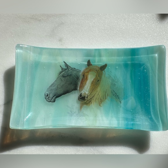 Horse Glass Art Trinket Small Blue Green Tray - Picture 4 of 12